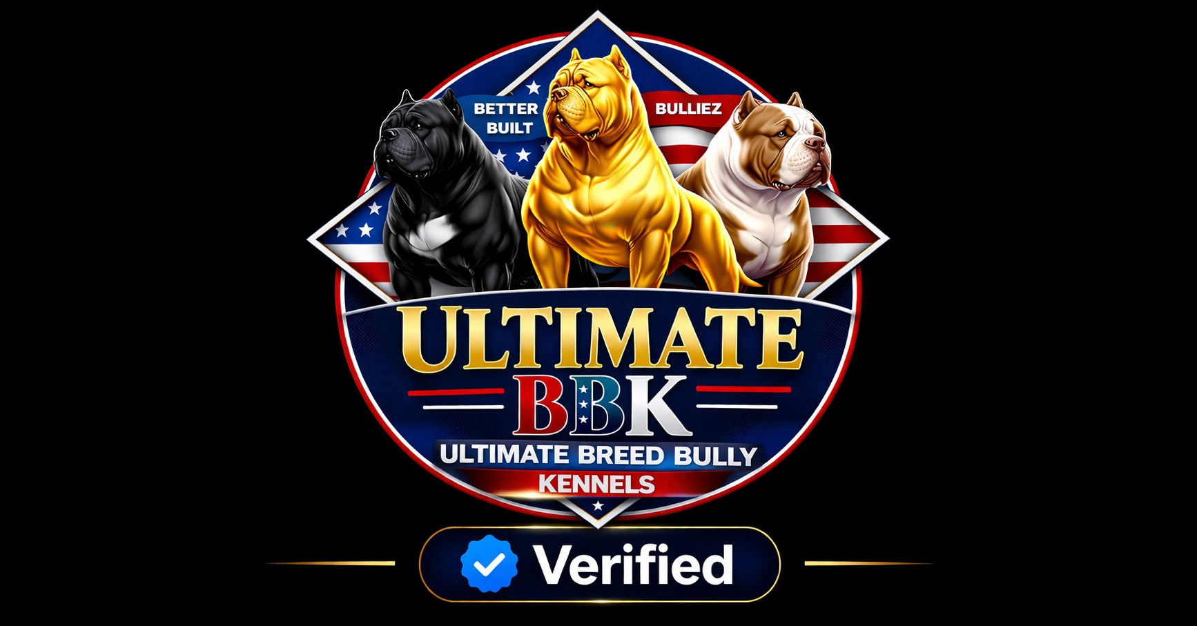 American Bully kennel logo for Ultimate Breed Bullies and Better Built Bulliez featuring verified breeder badge in Louisiana